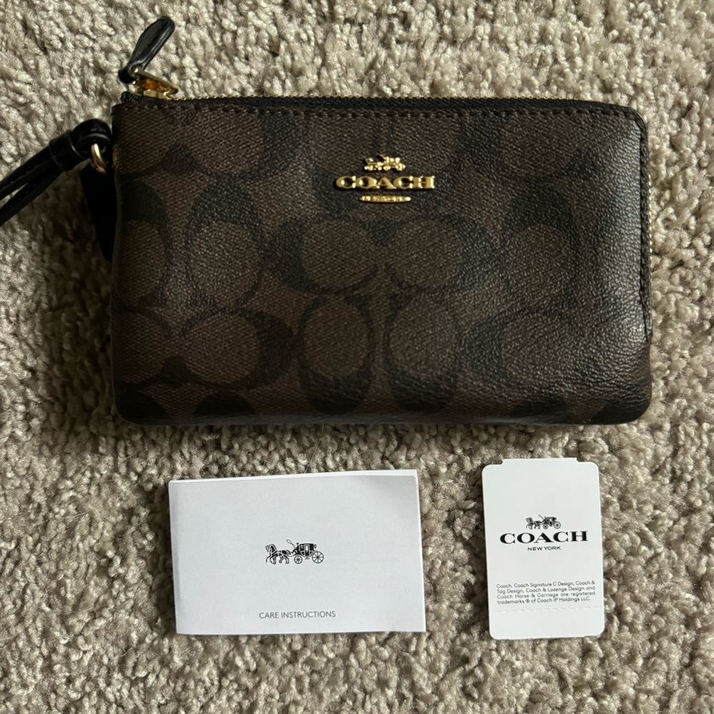 Coach Double Zip Two Compartments Wristlet (Black & Brown Logo) MAKE AN OFFER